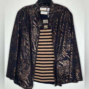 Alfred Dunner Black and Gold Patterned Blazer and Sweater Set